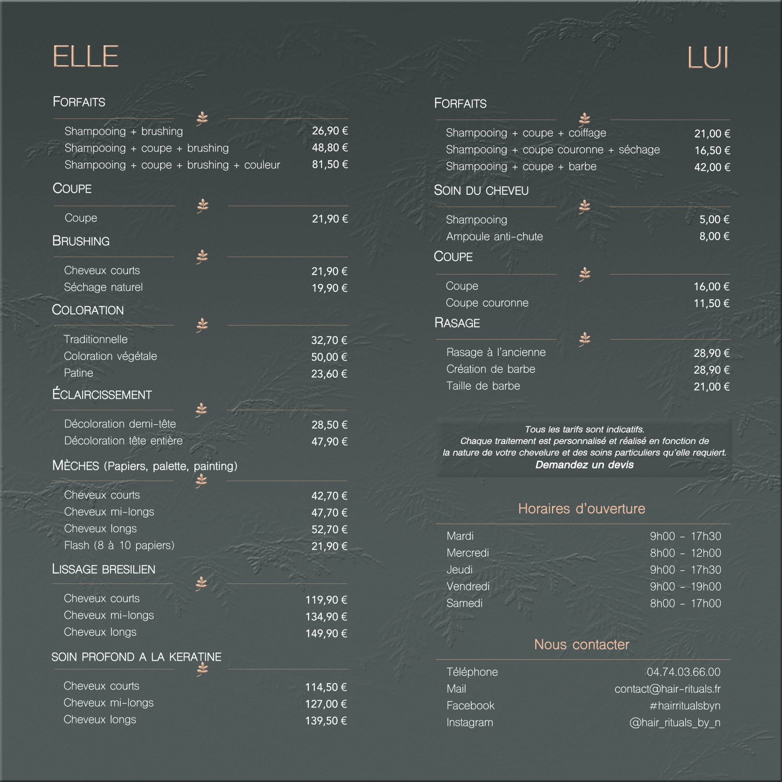 Salon de coiffure à Thoissey - carte des prestations